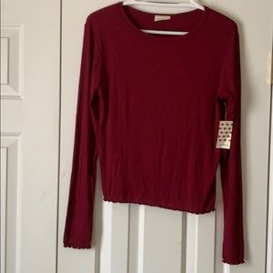 Maroon basic long sleeve ruffle hem shirt NWT